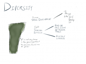 Diversity: "VT is not very diverse in the general population." This discussion focused more on gender. Fight social exclusion: head on face issue & provide space, visible leaders. Increase skill development: Things like Girl Develop It.