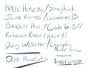 Nate Herzog, Storyhack; Jesse Krembs, Laboratory B; Bradley Hold, Code for BTV; Rebecca Roose, HackathonVermont; Doug Webster, Champlain Maker Faire; Organized by Amanda Levinson